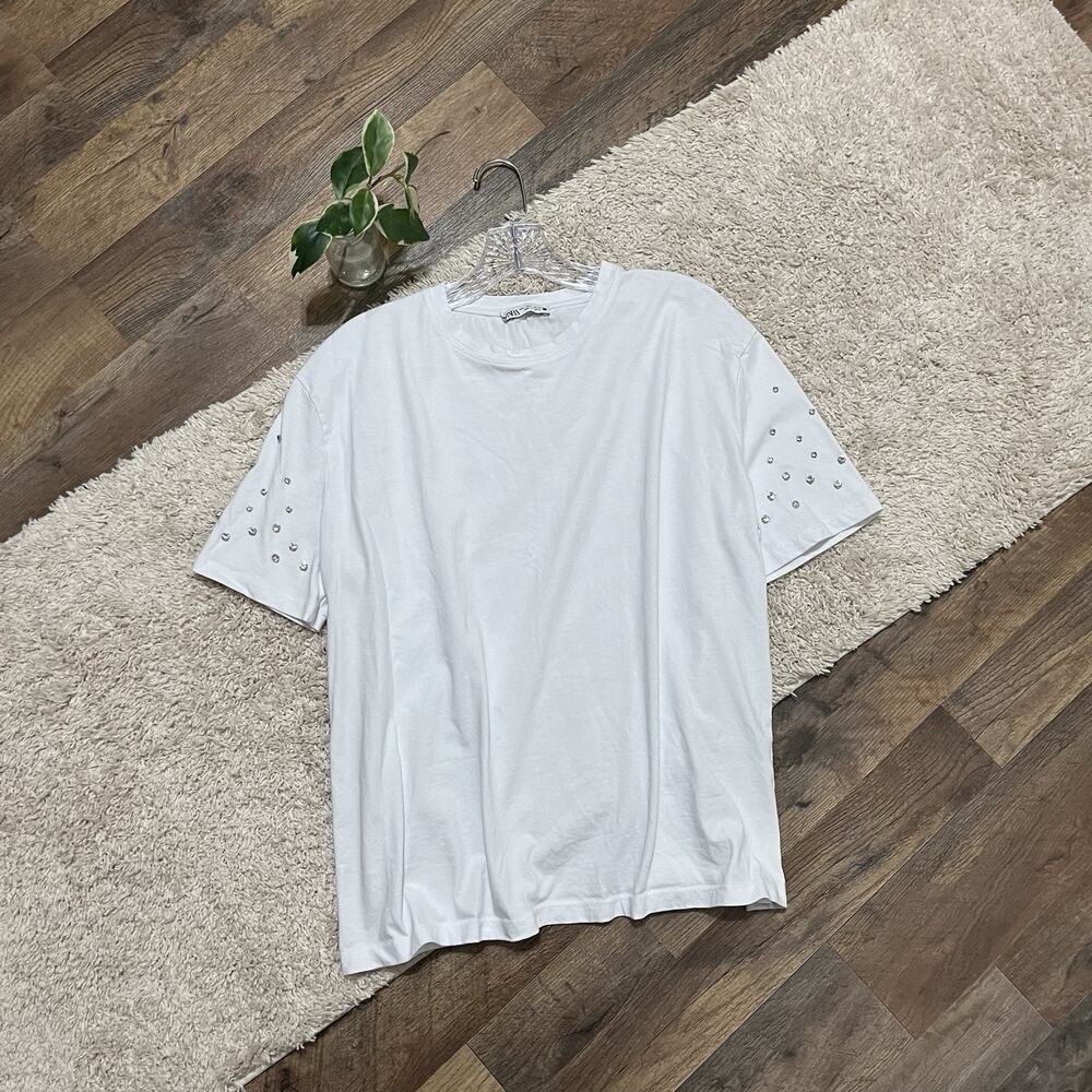 Zara Size Large Oversized Embellished Rhinestone Sleeve Cotton Crewneck Tee